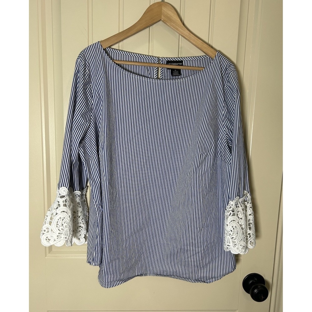 Liz Claiborne Women Career Blouse XL Blue White Striped Lace Bell Cuffs Preppy